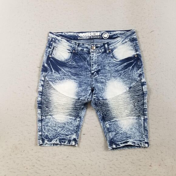 Mecca Shorts Mens 32 Blue Denim Jean Biker Moto Acid Wash Stretch Fit 5 Pocket - Picture 1 of 15